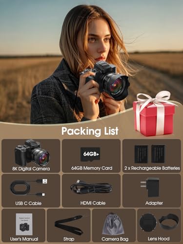88MP Digital Camera with WiFi, Touch Screen, 16X Zoom, Autofocus, Anti-Shake, Dual Camera, 2 Batteries, 64GB Card, Flash, Lens Hood B37081
