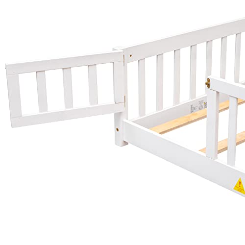 Gray Twin Size Wooden Floor Bed with Safety Guardrails and Slats Y4817