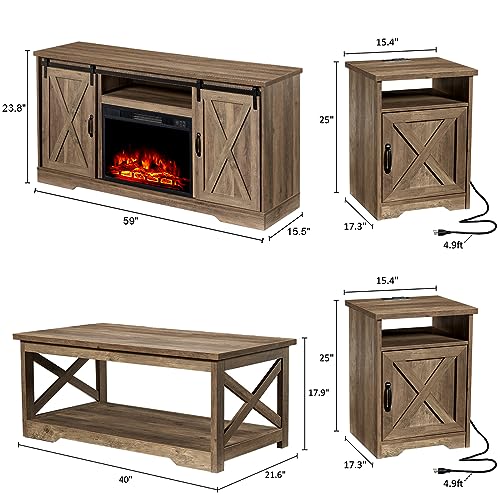 5-Piece Farmhouse Table Set with Fireplace TV Stand, Coffee Table, Two End Tables, Charging Station and USB Ports D937624