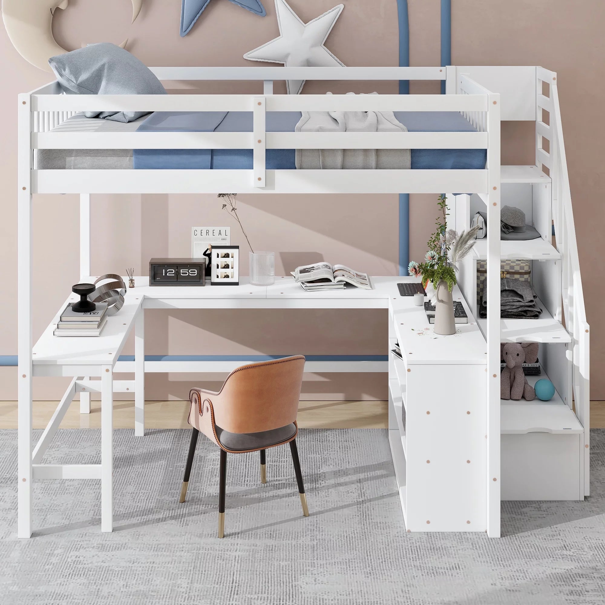 White Wood Full Size Loft Bed with Desk and Storage Staircase L769628