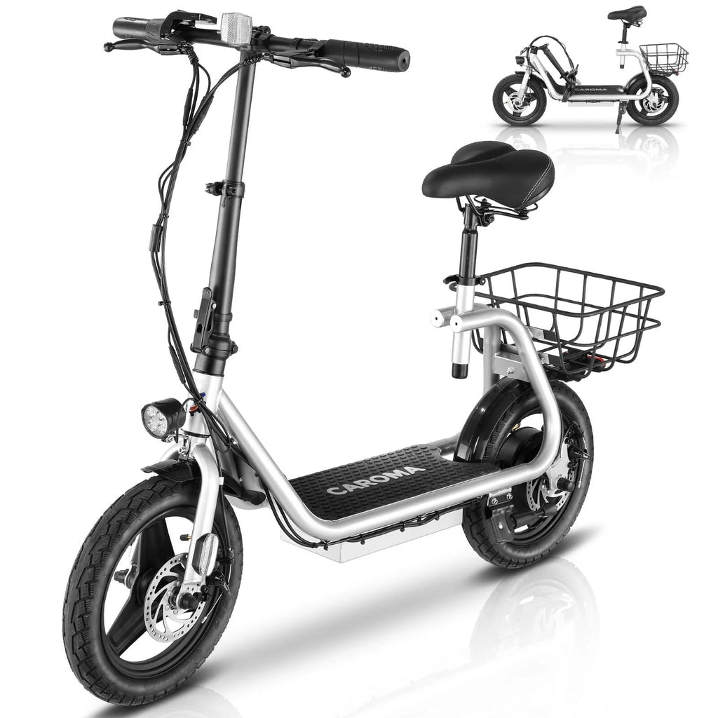 Silver Electric Scooter with Seat, 14 inch, 500W, 25 Miles 20 MPH C2524
