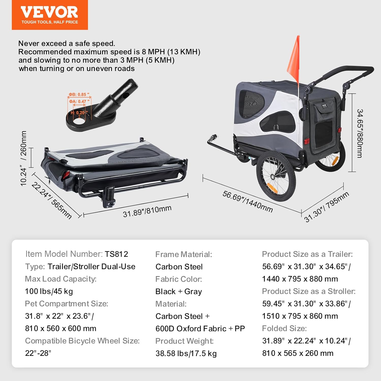 Black/Gray Dog Bike Trailer with Quick Release Wheels X348