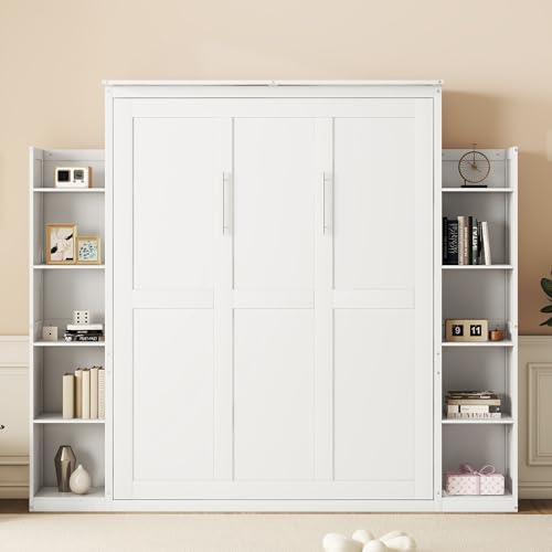 White Queen Size Wood Murphy Bed with Shelves and LED Lights A2940