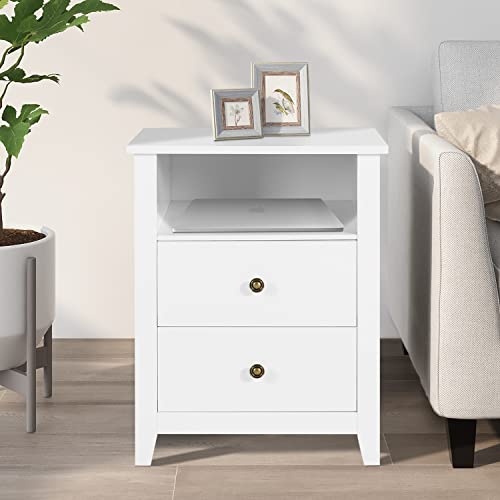 White Nightstands with Drawer Set of 2 Wood Bedside Tables Z32245