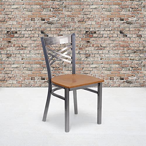 Clear Coated Metal Restaurant Chair with Cherry Wood Seat N2359
