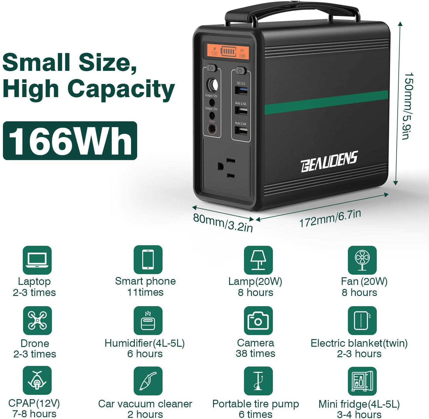 Portable Power Station 166Wh LiFePO4 Battery Solar Generator 110V/150W AC Outlet Q592593