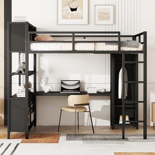 Black Full Size Metal Loft Bed with Wardrobe and L-Shaped Desk I308