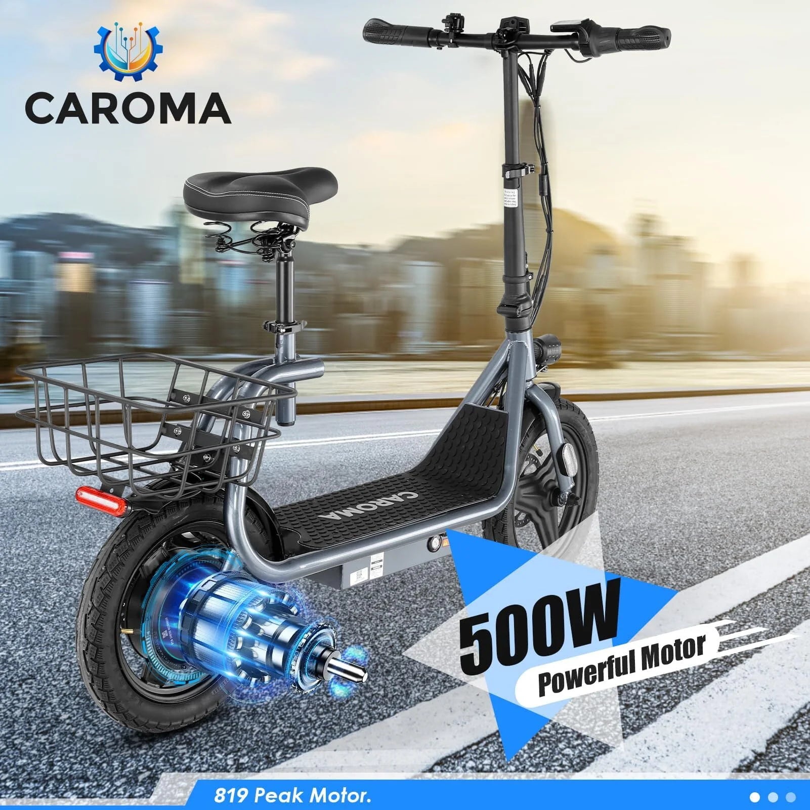 Silver Electric Scooter with Seat, 14 inch, 500W, 25 Miles 20 MPH C2524