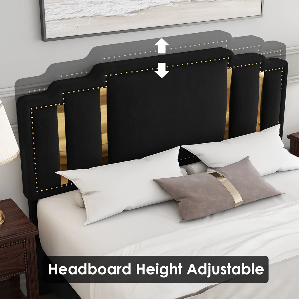 Black Velvet Queen Bed Frame with Adjustable Headboard F232