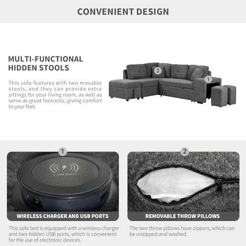 Cream Chenille L Shape Sleeper Sofa with Storage Ottoman and 2 Stools H391340