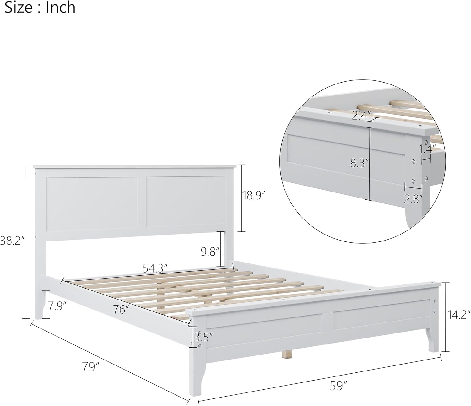 White Full Size Wooden Platform Bed with Headboard W835789