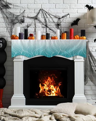 Ombre Teal Blue White Striped Mantel Runner 60 x 17 Inches A1849