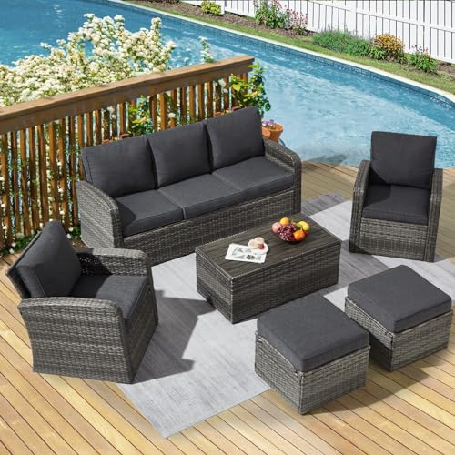 6 Pieces Patio Furniture Sets with Cushions and Coffee Table, Brown Wicker Outdoor Sectional Sofa D291