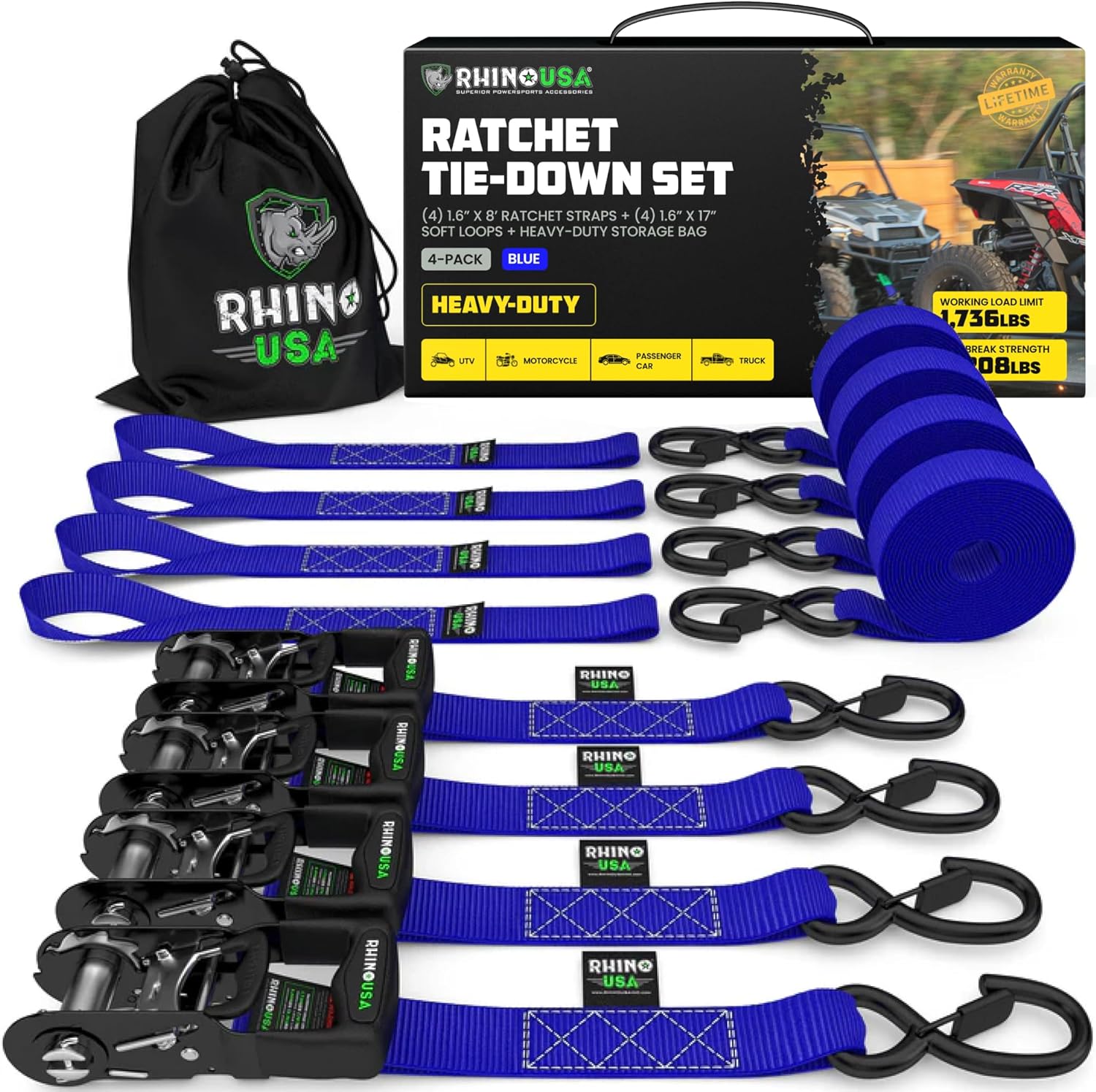 Ratchet Straps Tie Down Kit with Padded Handles & Coated S Hooks + Soft Loop Tie-Downs Z351