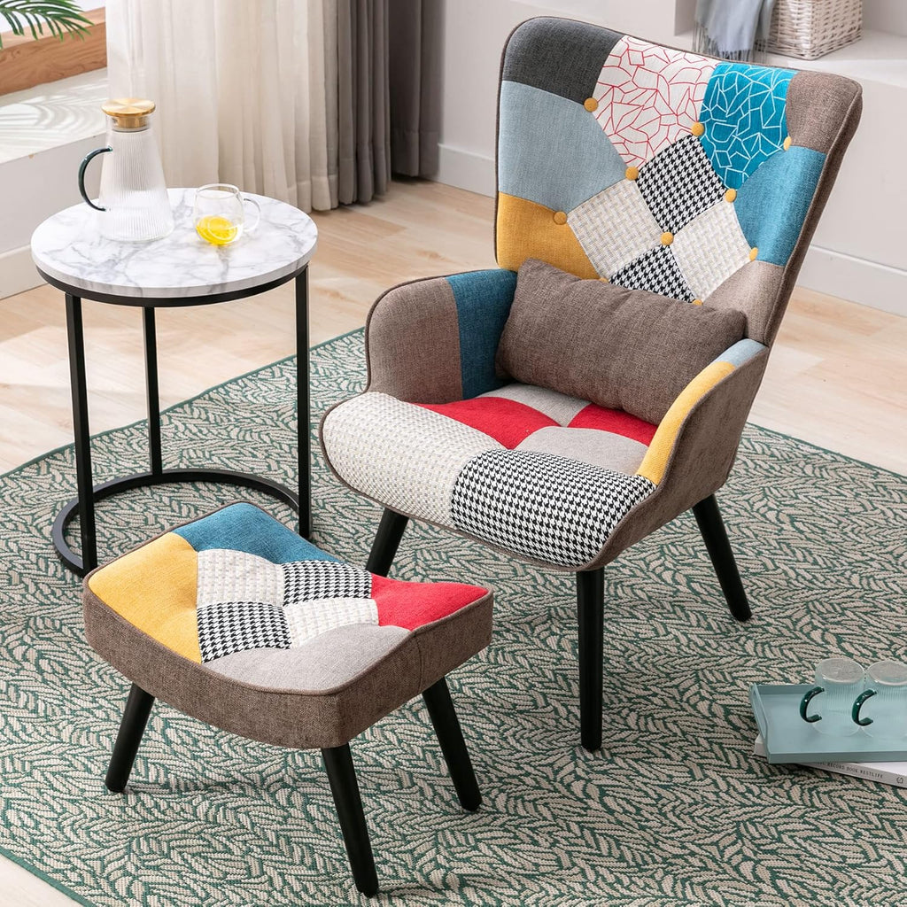 Patchwork Accent Chair with Ottoman, Wooden Legs K590412