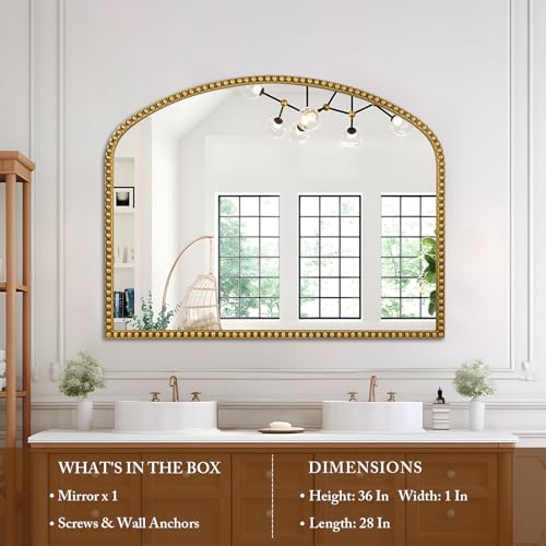Large Arch Wall Mirror with Beaded Frame, Antique Gold V7254