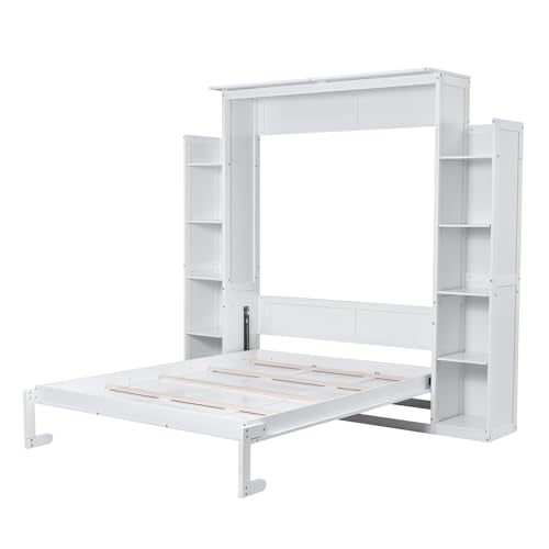 White Queen Size Wood Murphy Bed with Shelves and LED Lights A2940