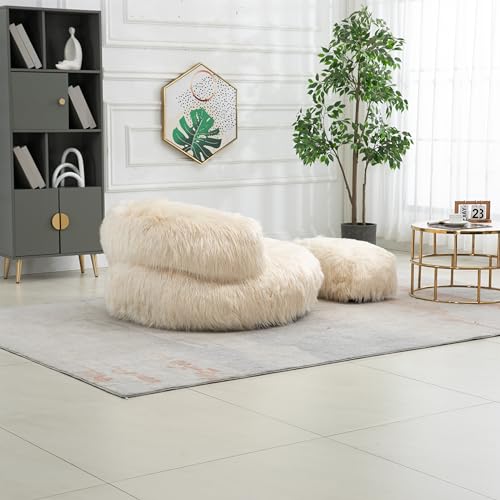 Wine Red Fluffy Faux Fur Oversized Bean Bag Chair with Ottoman H657