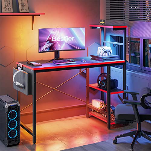 Black Carbon Fiber Gaming Desk with LED Lights and 4 Tiers Reversible Shelves Y71611