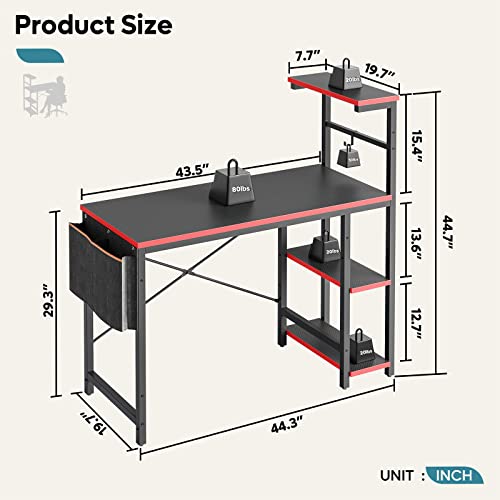 Black Carbon Fiber Gaming Desk with LED Lights and 4 Tiers Reversible Shelves Y71611