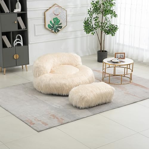 Wine Red Fluffy Faux Fur Oversized Bean Bag Chair with Ottoman H657