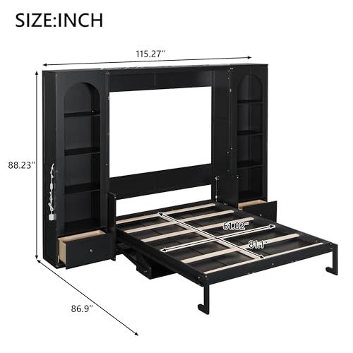 Queen Size Murphy Bed with Desk, 2 Sides Storage Cabinets, Shelf, Black Y529