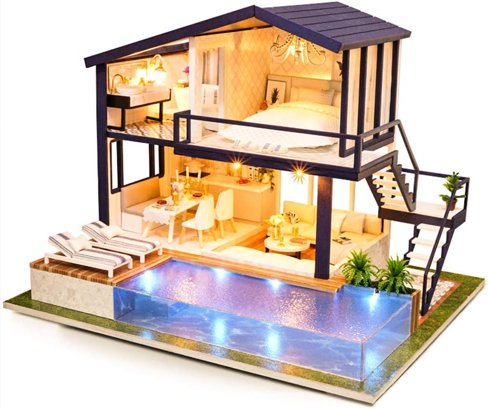 DIY Wooden Dollhouse Kit with Furniture, 1:24 Scale G404