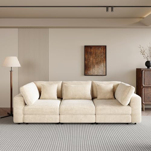 Oversized 3 Seater Corduroy Sofa with Removable Back Cushions and 5 Pillows (Gray) Z725200