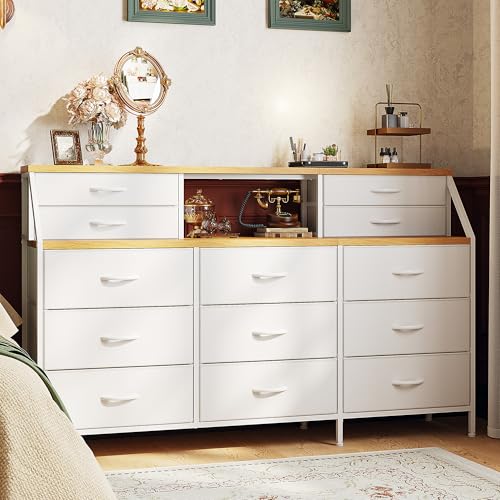 55" W Rustic Brown Dresser with 13 Fabric Drawers and 2 Open Shelves Y393146