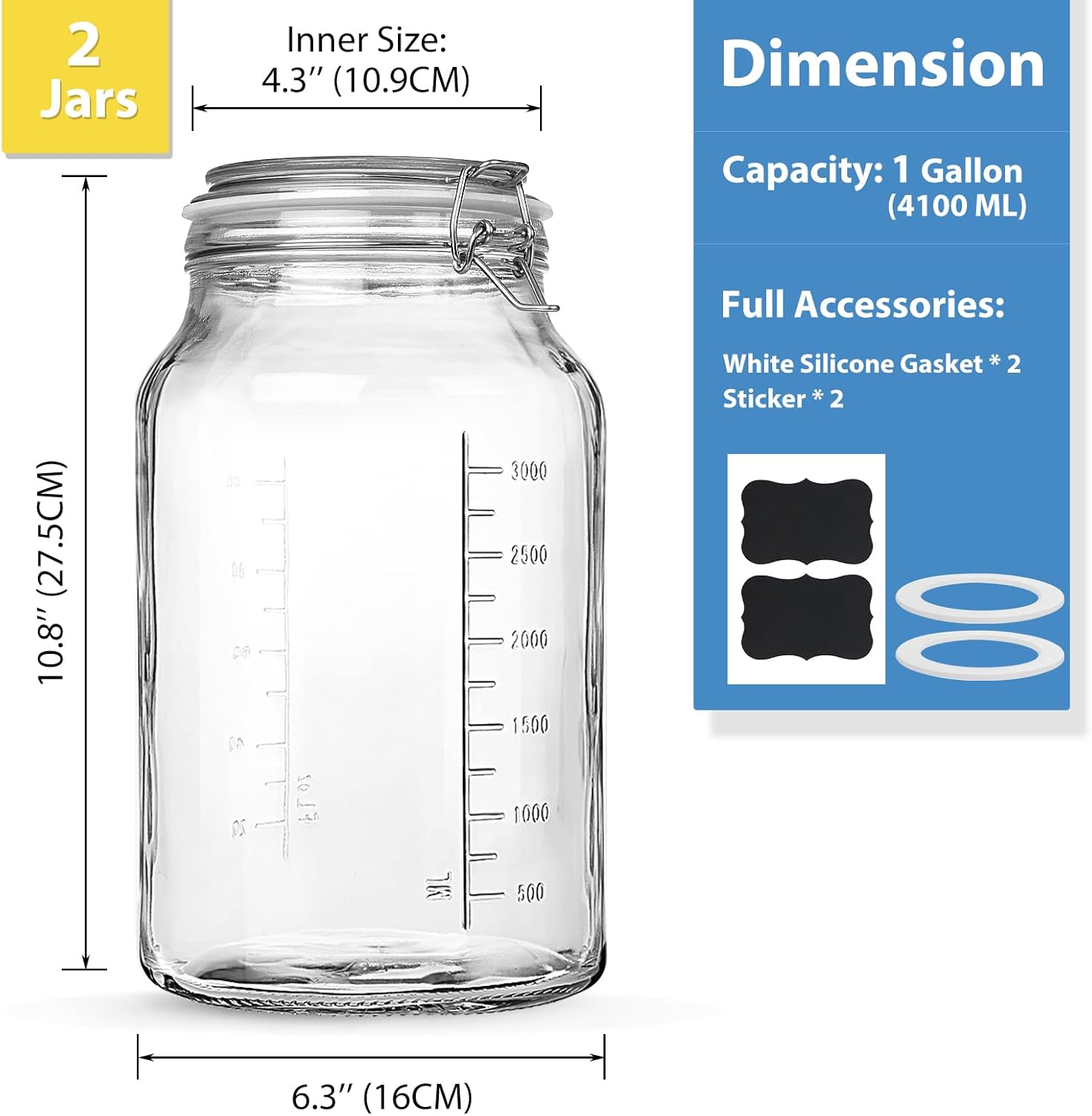 2 Pack 1 Gallon Glass Storage Jars with Airtight Lids T734765