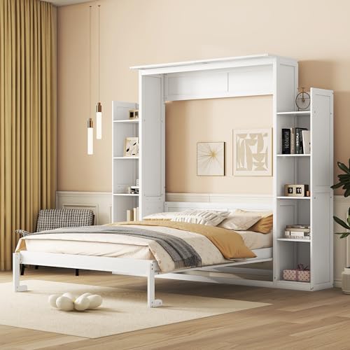 White Queen Size Wood Murphy Bed with Shelves and LED Lights A2940
