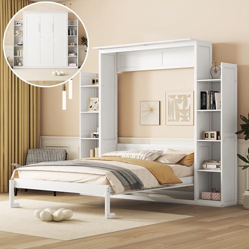 White Queen Size Wood Murphy Bed with Shelves and LED Lights A2940