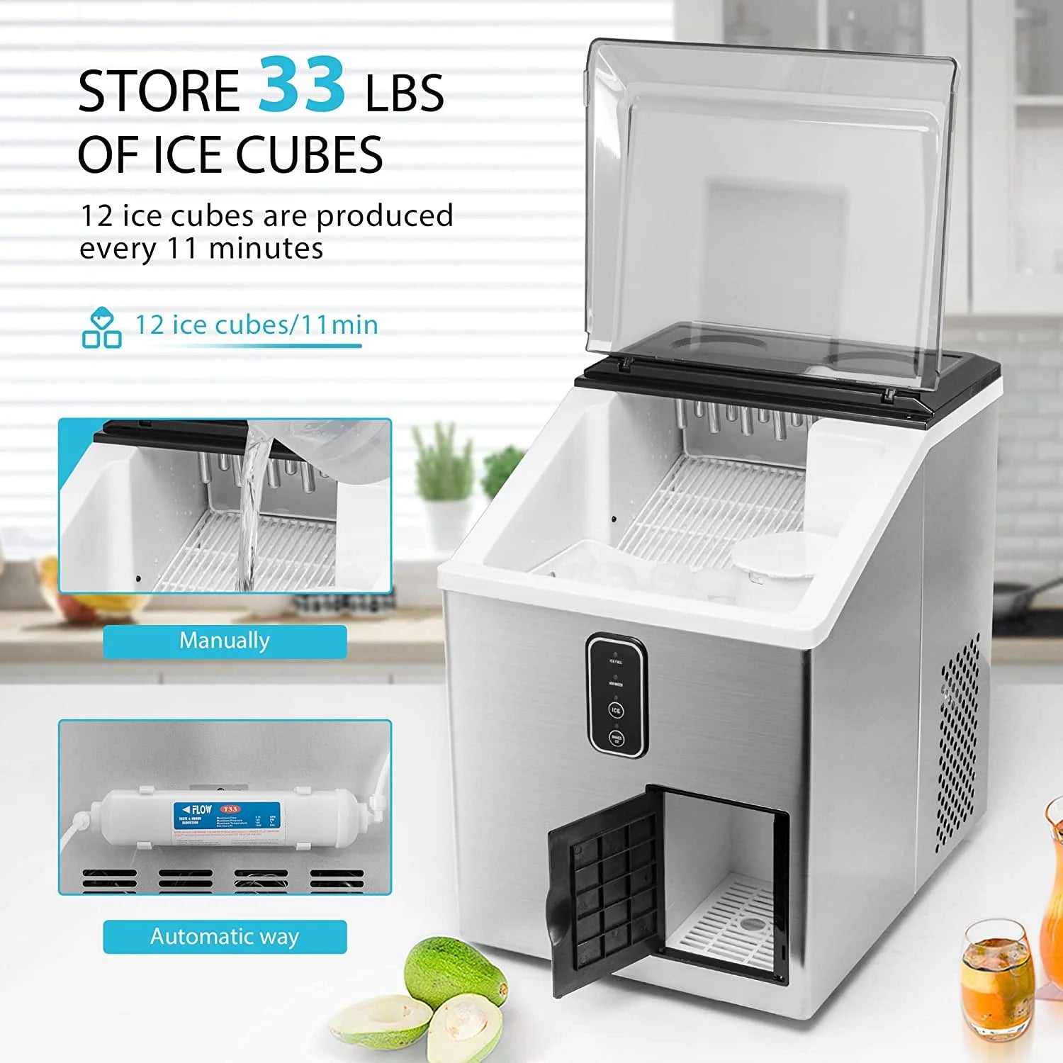 2 in 1 Countertop Ice Maker & Ice Shaver Machine, 33lbs/Day C72017