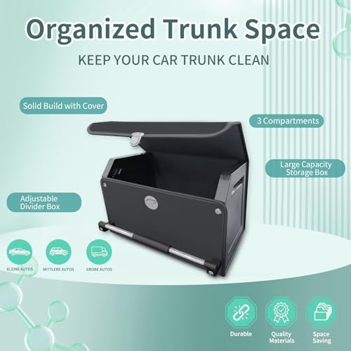 Car Organizer Trunk, Durable Collapsible Leather Trunk Organizer with Lid and Sturdy Handle, Auto Cargo Storage Compartments (11.4 x 27 x 12.2, Black) Z8227