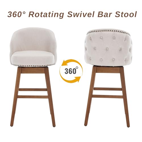 Swivel Bar Stool Set of 2, Grey, Linen, Wood Base H2336