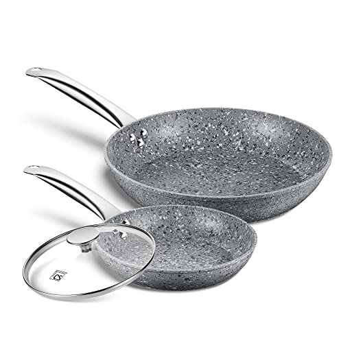 8" + 11" Gray Nonstick Granite Stone Frying Pan Set with Lids S4443