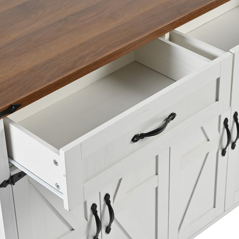 Farmhouse Kitchen Island with Power Outlet, Drop Leaf, Spice Rack and Drawer, Rolling Kitchen Cart on Wheels K736