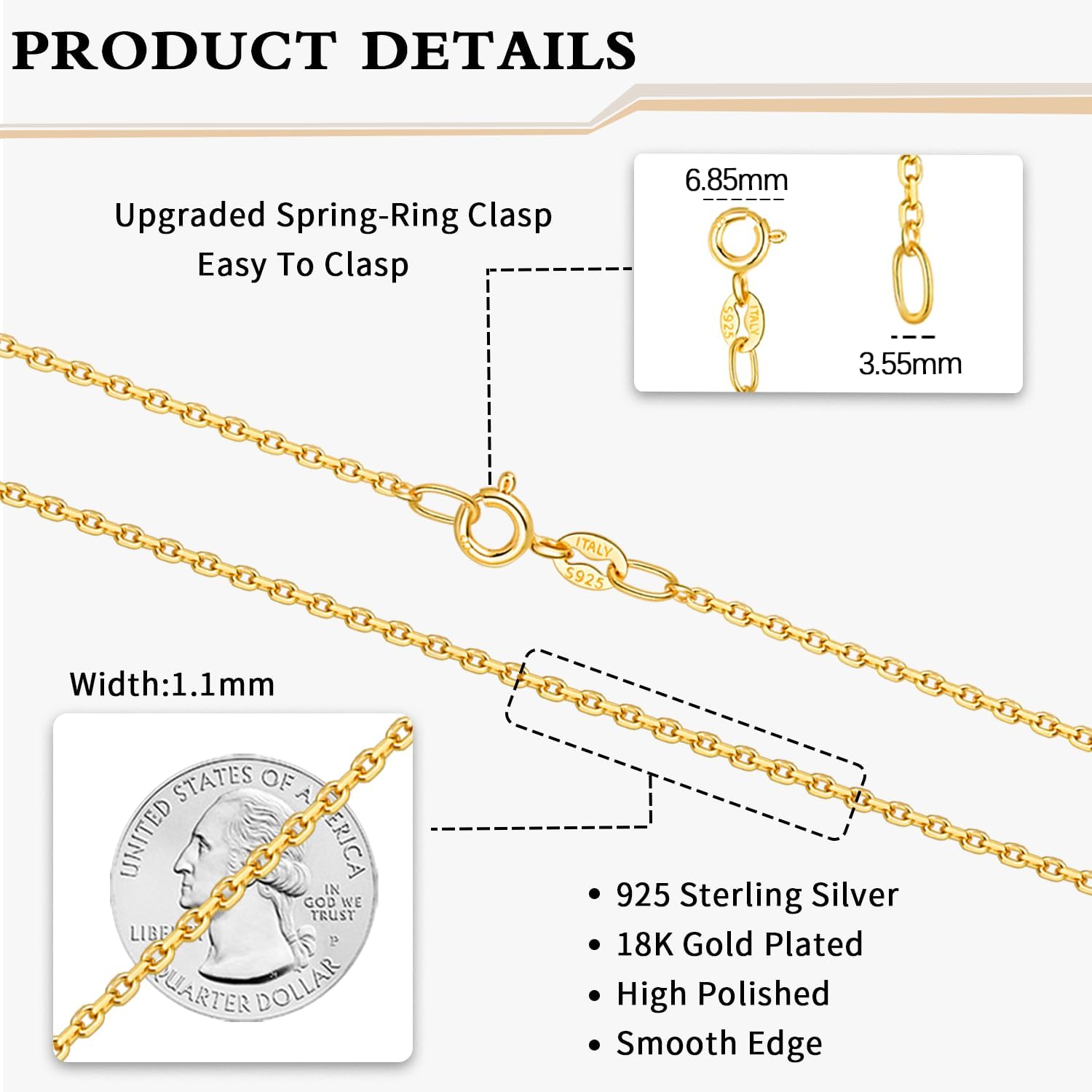 Solid 18k Gold Over 925 Sterling Silver Chain Necklace Y325