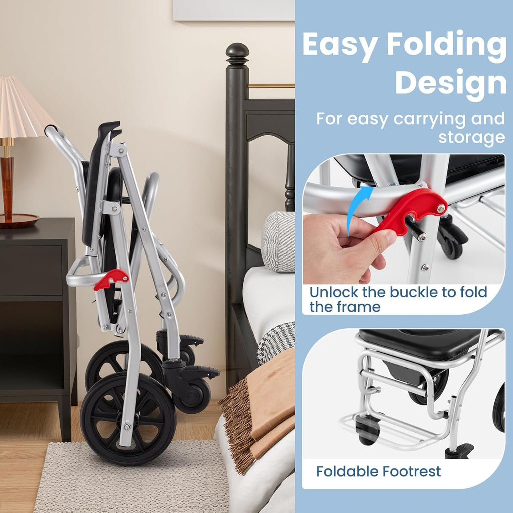 Foldable Shower Chair with Arms, Lockable Casters, Detachable Bucket T3459