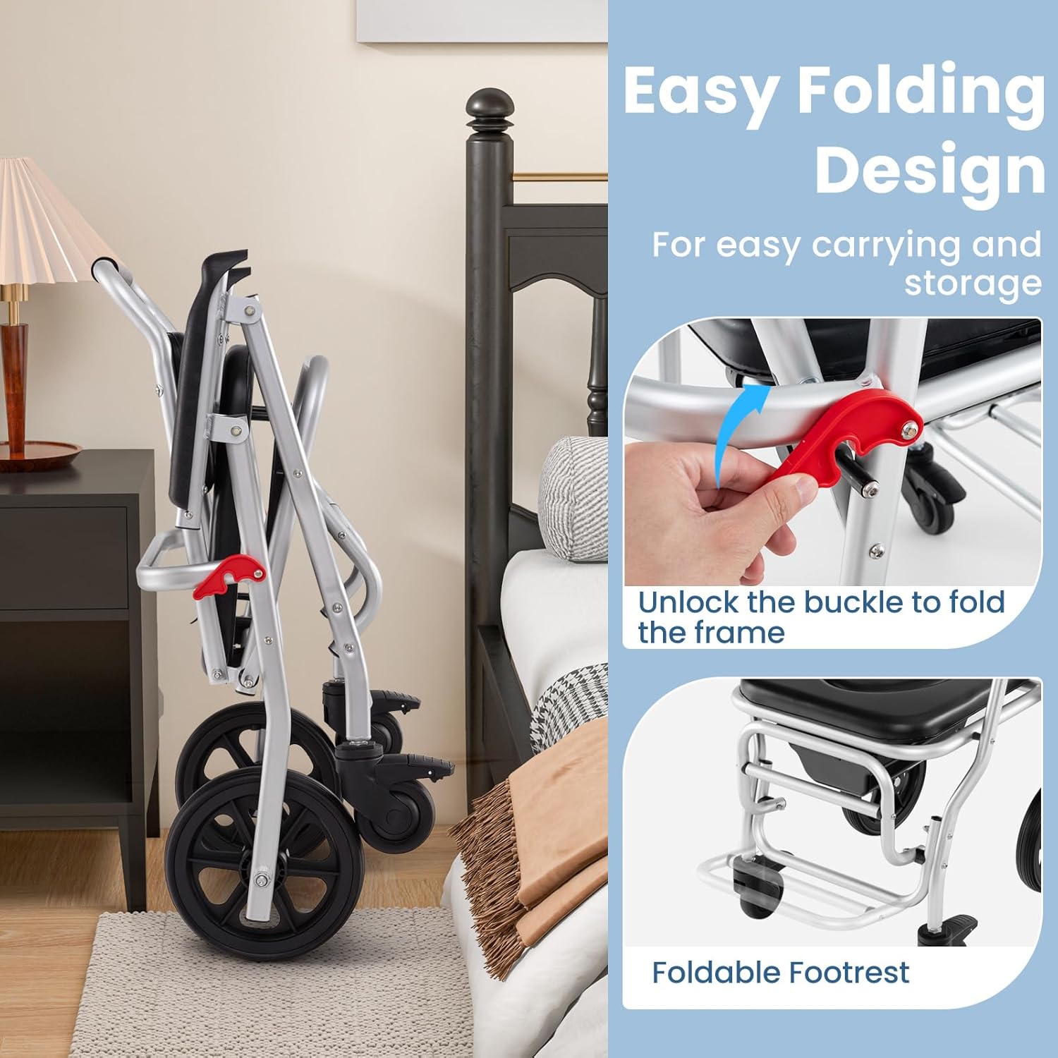 Foldable Shower Chair with Arms, Lockable Casters, Detachable Bucket T3459