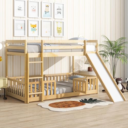 White Twin Over Full Size Pine Wooden Bunk Bed with Slide J22824