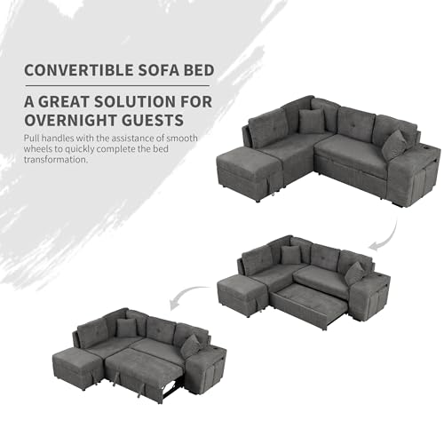 Cream Chenille L Shape Sleeper Sofa with Storage Ottoman and 2 Stools H391340