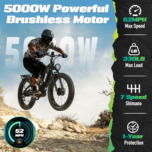 5000W Dual Motor Electric Bike 60V 32AH Battery 26x4 Fat Tire Full Suspension 7-Speed Gear Electric Bicycle A244799