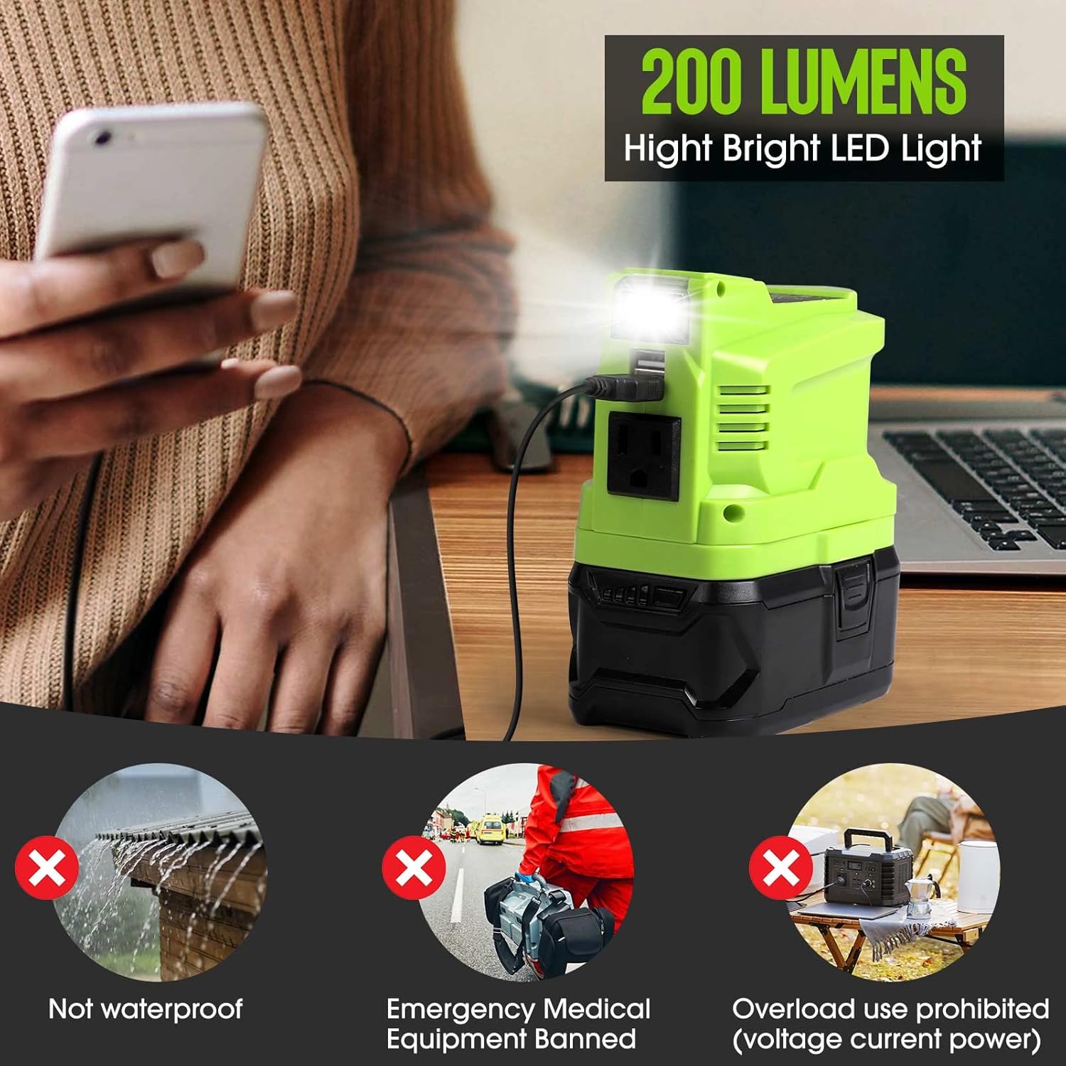 150 Watt Powered Inverter Generator, 18V DC to AC 110V 120V, for 18 Volt Lithium Battery USB Charger Adapter, with LED Light S803923