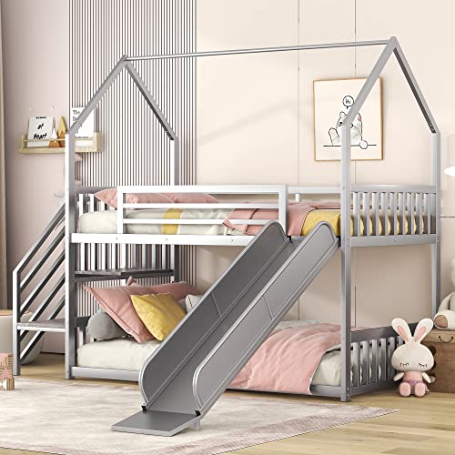 Black Twin Over Twin Metal Bunk Bed with Slide and Storage Staircase A5648
