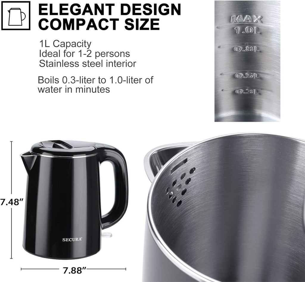 Stainless Steel Double Wall Electric Kettle, 1.0L (Black) Z9432