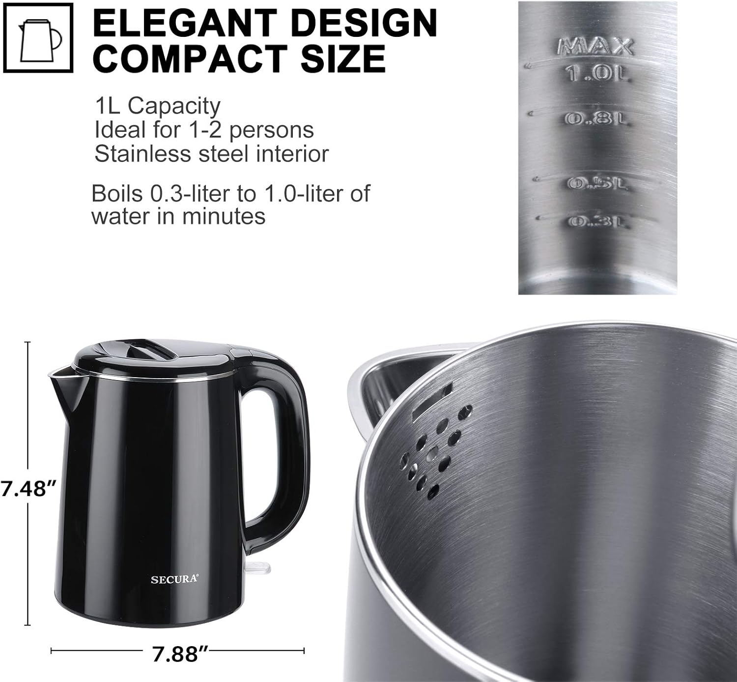 Stainless Steel Double Wall Electric Kettle, 1.0L (Black) Z9432