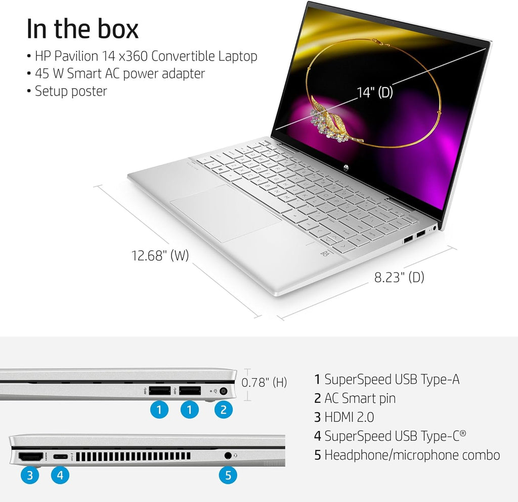 14" FHD Convertible Laptop, Intel Core i5, 8GB RAM, 256GB SSD, Natural Silver, Windows 11 Home Q706