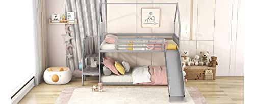 Black Twin Over Twin Metal Bunk Bed with Slide and Storage Staircase A5648