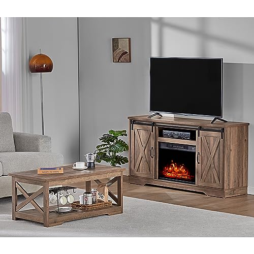 5-Piece Farmhouse Table Set with Fireplace TV Stand, Coffee Table, Two End Tables, Charging Station and USB Ports D937624